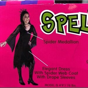 Spell Spinner Kids Size 4-6 Witch Halloween Costume Dress Web Coat Spider Medall